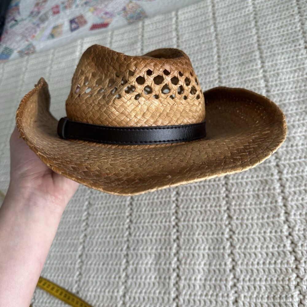 Peter Grimm Cowboy Hat Woven Straw Paper One Size Open Weave Tea Stain Tan Brown - Picture 7 of 11